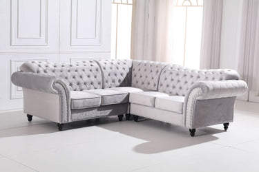 Luxury Light Grey Velvet Chesterfield L Shape Corner Sofa with Classic Styling - UK Luxury Furniture